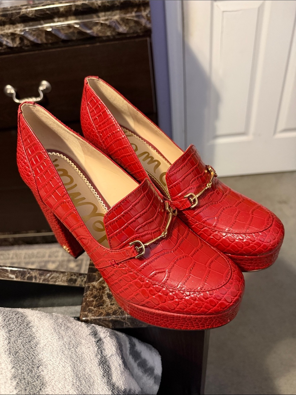 Sam Edelman Red Croc-Embossed Platform Heels with Gold Bit